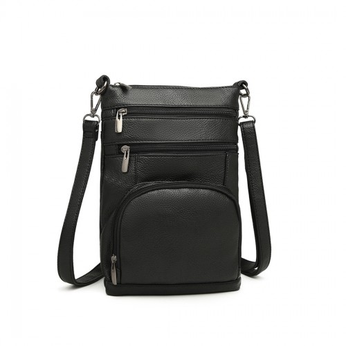 Miss Lulu RFID-Blocking Multi Pocket Leather Look Cross Body Bag - Black - BEYRUN