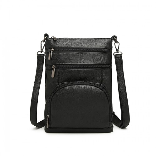 Miss Lulu RFID-Blocking Multi Pocket Leather Look Cross Body Bag - Black - BEYRUN