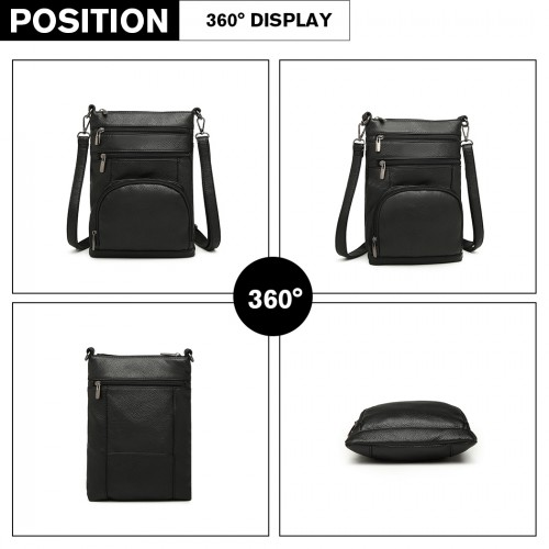 Miss Lulu RFID-Blocking Multi Pocket Leather Look Cross Body Bag - Black - BEYRUN