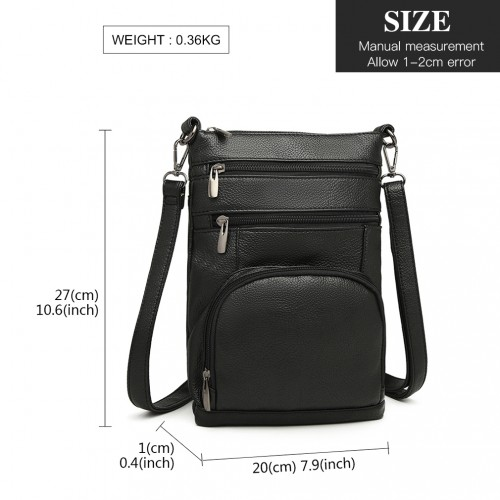 Miss Lulu RFID-Blocking Multi Pocket Leather Look Cross Body Bag - Black - BEYRUN