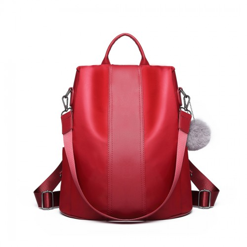 Miss Lulu Two Way Backpack Shoulder Bag with Pom Pom Pendant - Red | Stylish & Versatile Women's Bag - BEYRUN