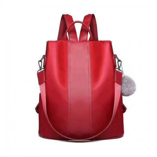 Miss Lulu Two Way Backpack Shoulder Bag with Pom Pom Pendant - Red | Stylish & Versatile Women's Bag - BEYRUN