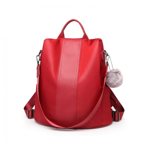 Miss Lulu Two Way Backpack Shoulder Bag with Pom Pom Pendant - Red | Stylish & Versatile Women's Bag - BEYRUN