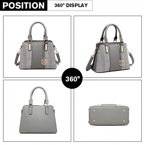 Miss Lulu Gingham Plaid Panel Shoulder Bag - Grey | Stylish & Versatile Women's Handbag - BEYRUN