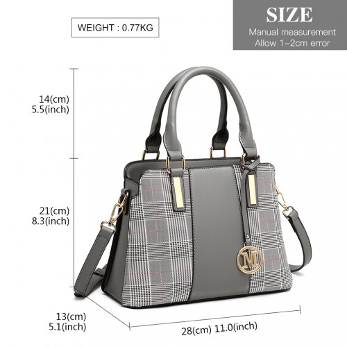 Miss Lulu Gingham Plaid Panel Shoulder Bag - Grey | Stylish & Versatile Women's Handbag - BEYRUN