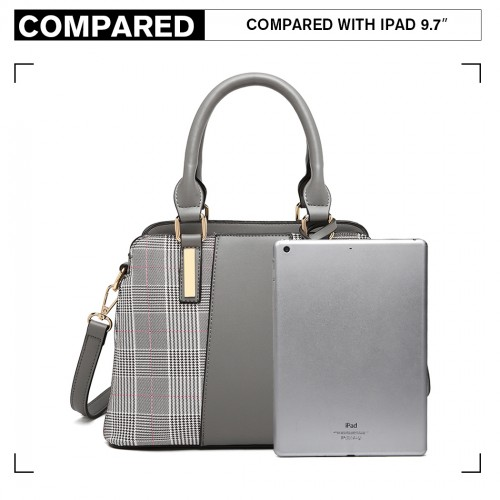 Miss Lulu Gingham Plaid Panel Shoulder Bag - Grey | Stylish & Versatile Women's Handbag - BEYRUN