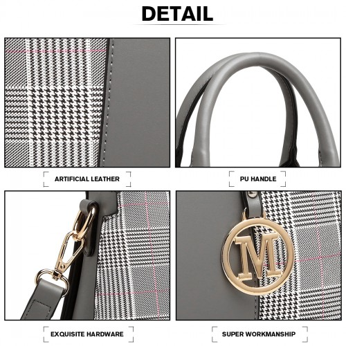 Miss Lulu Gingham Plaid Panel Shoulder Bag - Grey | Stylish & Versatile Women's Handbag - BEYRUN