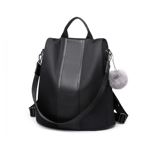 Miss Lulu Two Way Backpack Shoulder Bag with Pom Pom Pendant - Black | Versatile & Stylish - BEYRUN