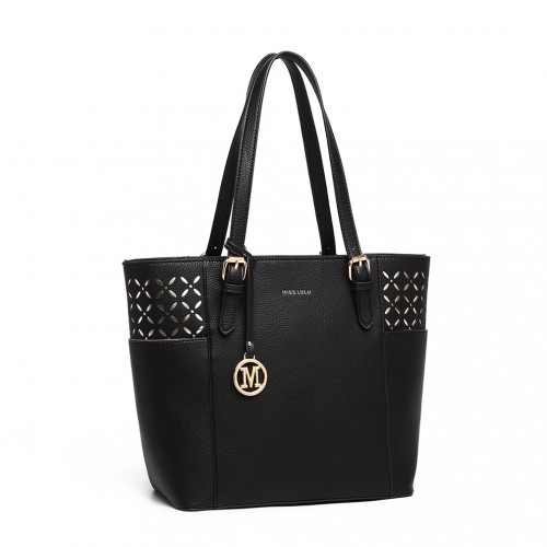 Miss Lulu Laser Cut Out Black Tote Shopper Bag – Elegant and Stylish Handbag - BEYRUN