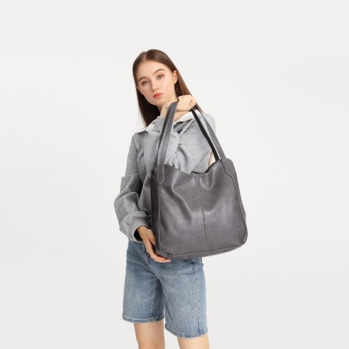 Miss Lulu Soft Leather Tote Shoulder Bag - Grey | Multiple Pockets | Stylish & Functional - BEYRUN