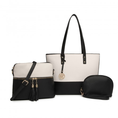 Miss Lulu 3 Piece Leather Look Tote Bag Set - Black And Beige | Stylish & Versatile Handbag Set - BEYRUN