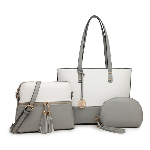 Miss Lulu 3 Piece Leather Look Tote Bag Set - Stylish Grey and White Handbags - BEYRUN