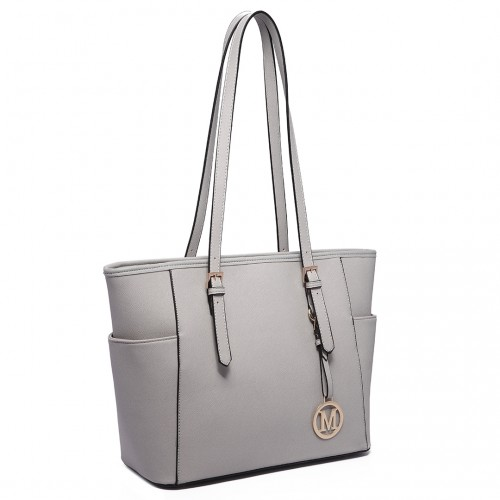 Miss Lulu Light Grey Faux Leather Tote Bag with Adjustable Handle - BEYRUN