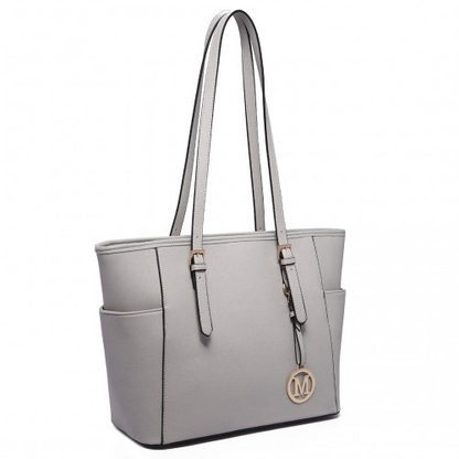 Miss Lulu Light Grey Faux Leather Tote Bag with Adjustable Handle - BEYRUN