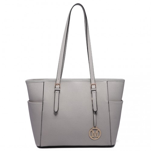 Miss Lulu Light Grey Faux Leather Tote Bag with Adjustable Handle - BEYRUN