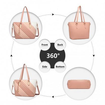 Miss Lulu Pink Contrast Colour Twill Leather Handbag Tote Bag - Stylish & Versatile - BEYRUN