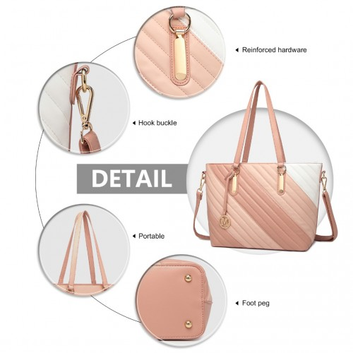 Miss Lulu Pink Contrast Colour Twill Leather Handbag Tote Bag - Stylish & Versatile - BEYRUN