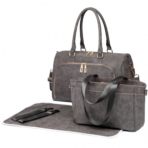 Miss Lulu Leather Look Maternity Changing Shoulder Bag Grey - Stylish & Practical Baby Bag - BEYRUN