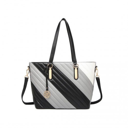 Miss Lulu Contrast Colour Twill Leather Handbag Tote Bag - Black And Grey | Elegant & Versatile - BEYRUN