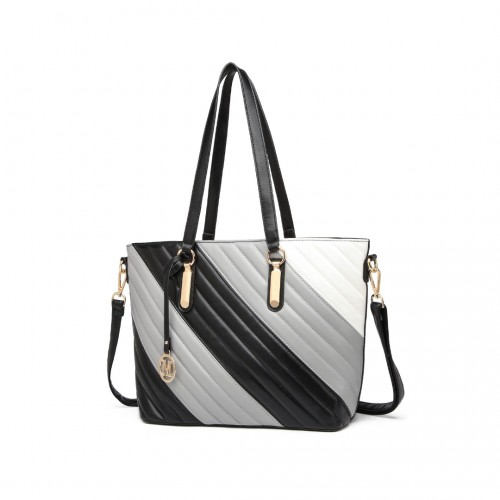 Miss Lulu Contrast Colour Twill Leather Handbag Tote Bag - Black And Grey | Elegant & Versatile - BEYRUN