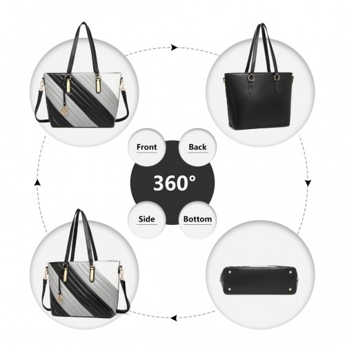 Miss Lulu Contrast Colour Twill Leather Handbag Tote Bag - Black And Grey | Elegant & Versatile - BEYRUN