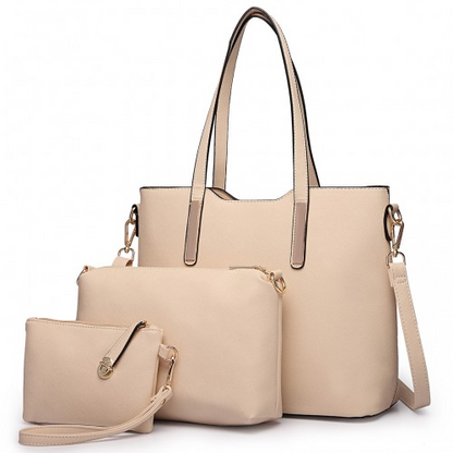 Miss Lulu Three Piece Tote Shoulder Bag And Clutch - Beige | Stylish & Versatile Bag Set - BEYRUN