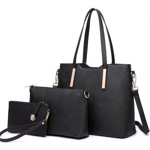 Miss Lulu Three Piece Tote Shoulder Bag and Clutch Set - Stylish Black PU Leather | Versatile & High-Quality - BEYRUN