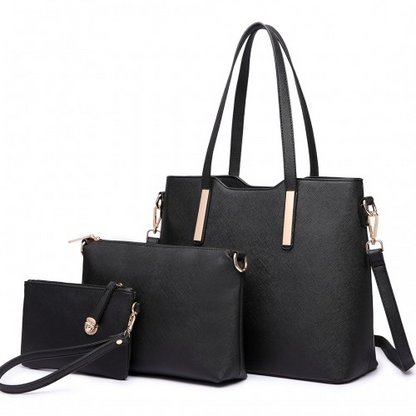 Miss Lulu Three Piece Tote Shoulder Bag and Clutch Set - Stylish Black PU Leather | Versatile & High-Quality - BEYRUN