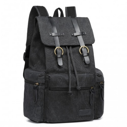 E1672 - Kono Large Multi Function Leather Details Canvas Backpack - Black - BEYRUN