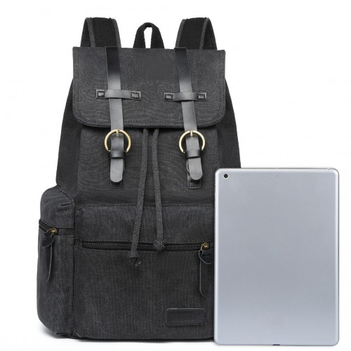 E1672 - Kono Large Multi Function Leather Details Canvas Backpack - Black - BEYRUN