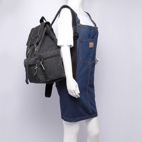 E1672 - Kono Large Multi Function Leather Details Canvas Backpack - Black - BEYRUN