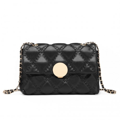 Miss Lulu Smooth Flap Chain Shoulder Bag - Black | Elegant PU Leather Crossbody Bag - BEYRUN