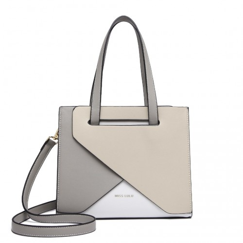 Miss Lulu Contrast Panel Shoulder Bag - Grey and Beige | Stylish & Practical Handbag - BEYRUN