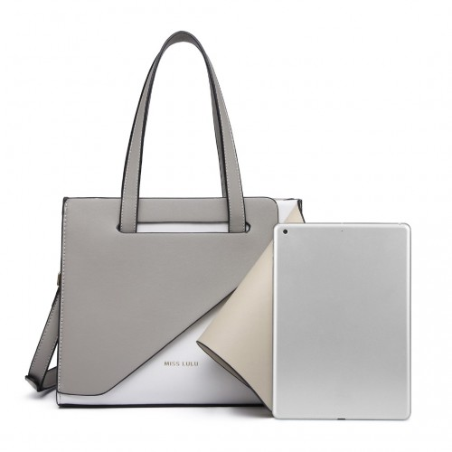 Miss Lulu Contrast Panel Shoulder Bag - Grey and Beige | Stylish & Practical Handbag - BEYRUN