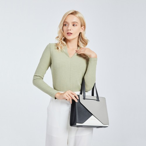 Miss Lulu Contrast Panel Shoulder Bag - Grey and Beige | Stylish & Practical Handbag - BEYRUN