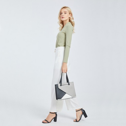 Miss Lulu Contrast Panel Shoulder Bag - Grey and Beige | Stylish & Practical Handbag - BEYRUN