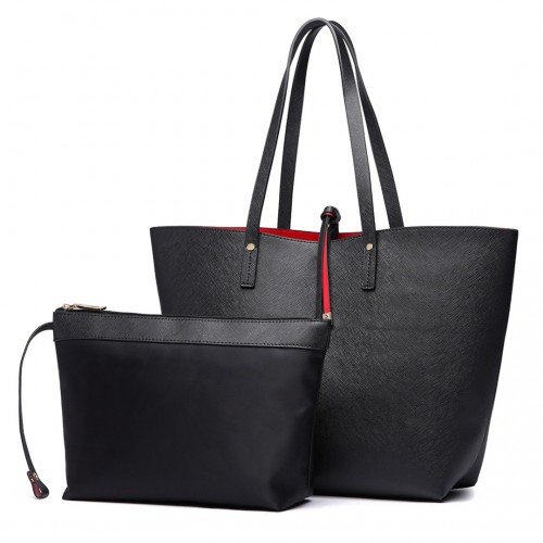 Miss Lulu Women's Reversible Shopper Tote Bag - Black, 2-in-1 Large Tote with Removable Pouch, Premium PU Leather - BEYRUN