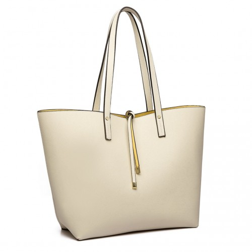 Miss Lulu Women Reversible Contrast Shopper Tote Bag Beige - Stylish & Versatile 2-in-1 - BEYRUN