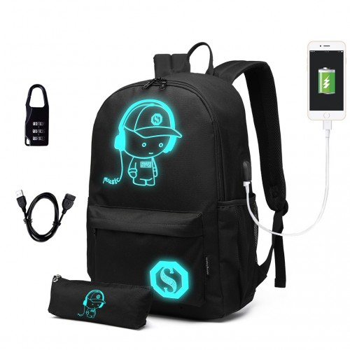 E6879 - Kono Glow In The Dark Waterproof USB Charging Backpack With Pencil Case - Black - BEYRUN