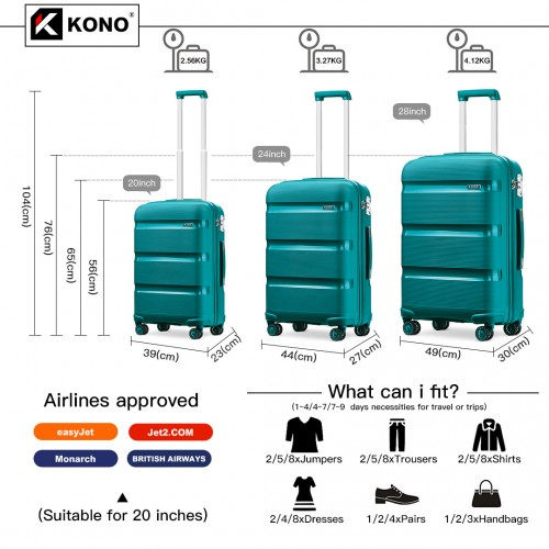 Kono Bright Hard Shell PP Suitcase Set - 3 Pieces - Blue/Green - Classic Collection - BEYRUN