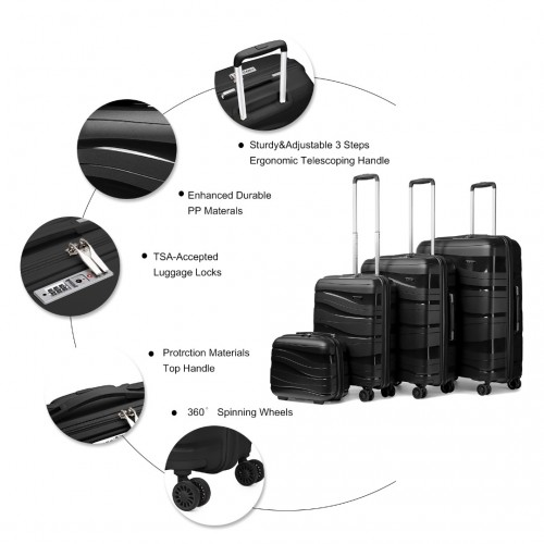 K2094L - Kono Lightweight Polypropylene Hard Shell 4 Piece Suitcase Set With TSA Lock And Vanity Case - Black - BEYRUN