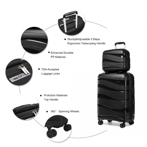 Kono 14/20 Inch Lightweight Polypropylene Hard Shell Suitcase Set with TSA Lock & Vanity Case - Black - BEYRUN