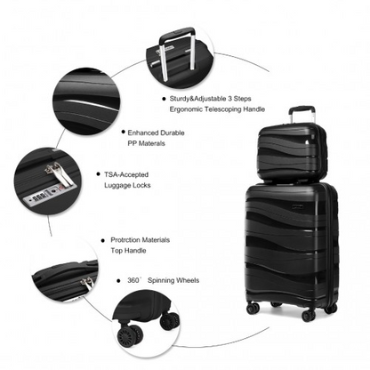 Kono 14/20 Inch Lightweight Polypropylene Hard Shell Suitcase Set with TSA Lock & Vanity Case - Black - BEYRUN