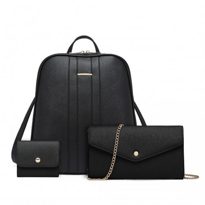 LD2249 - Miss Lulu 3 Piece Elegant Leather Backpack Set - Black - BEYRUN