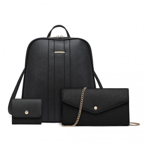 LD2249 - Miss Lulu 3 Piece Elegant Leather Backpack Set - Black - BEYRUN