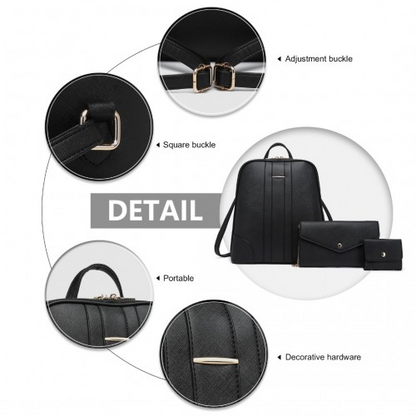 LD2249 - Miss Lulu 3 Piece Elegant Leather Backpack Set - Black - BEYRUN