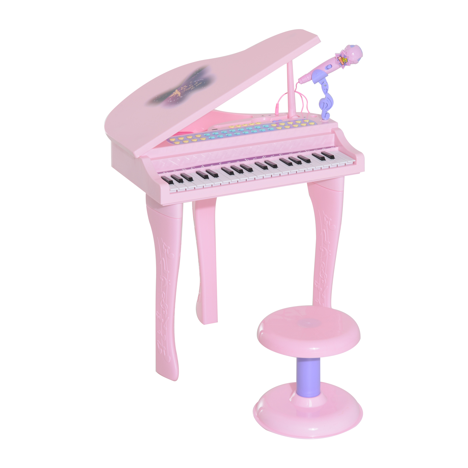 HOMCOM 37-Key Kids Mini Grand Piano with Stool, Microphone, and Lights – Pink Musical Educational Toy - BEYRUN