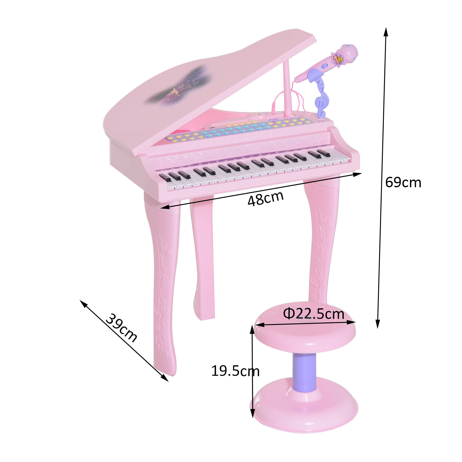 HOMCOM 37-Key Kids Mini Grand Piano with Stool, Microphone, and Lights – Pink Musical Educational Toy - BEYRUN