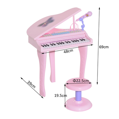 HOMCOM 37-Key Kids Mini Grand Piano with Stool, Microphone, and Lights – Pink Musical Educational Toy - BEYRUN