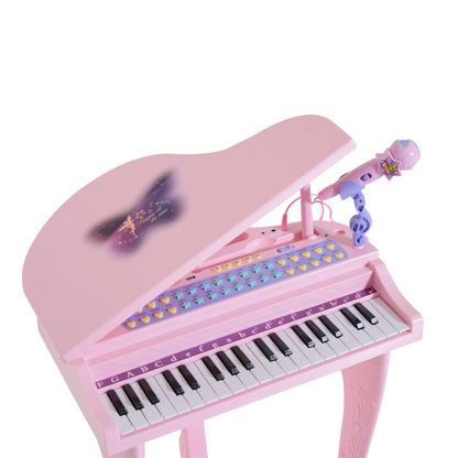 HOMCOM 37-Key Kids Mini Grand Piano with Stool, Microphone, and Lights – Pink Musical Educational Toy - BEYRUN